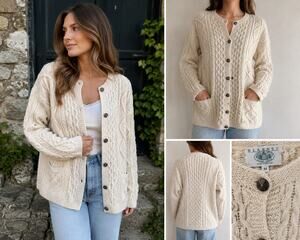 Authentic vintage Aran-style cardigan by Blarney Woollen Mills, made in Ireland.